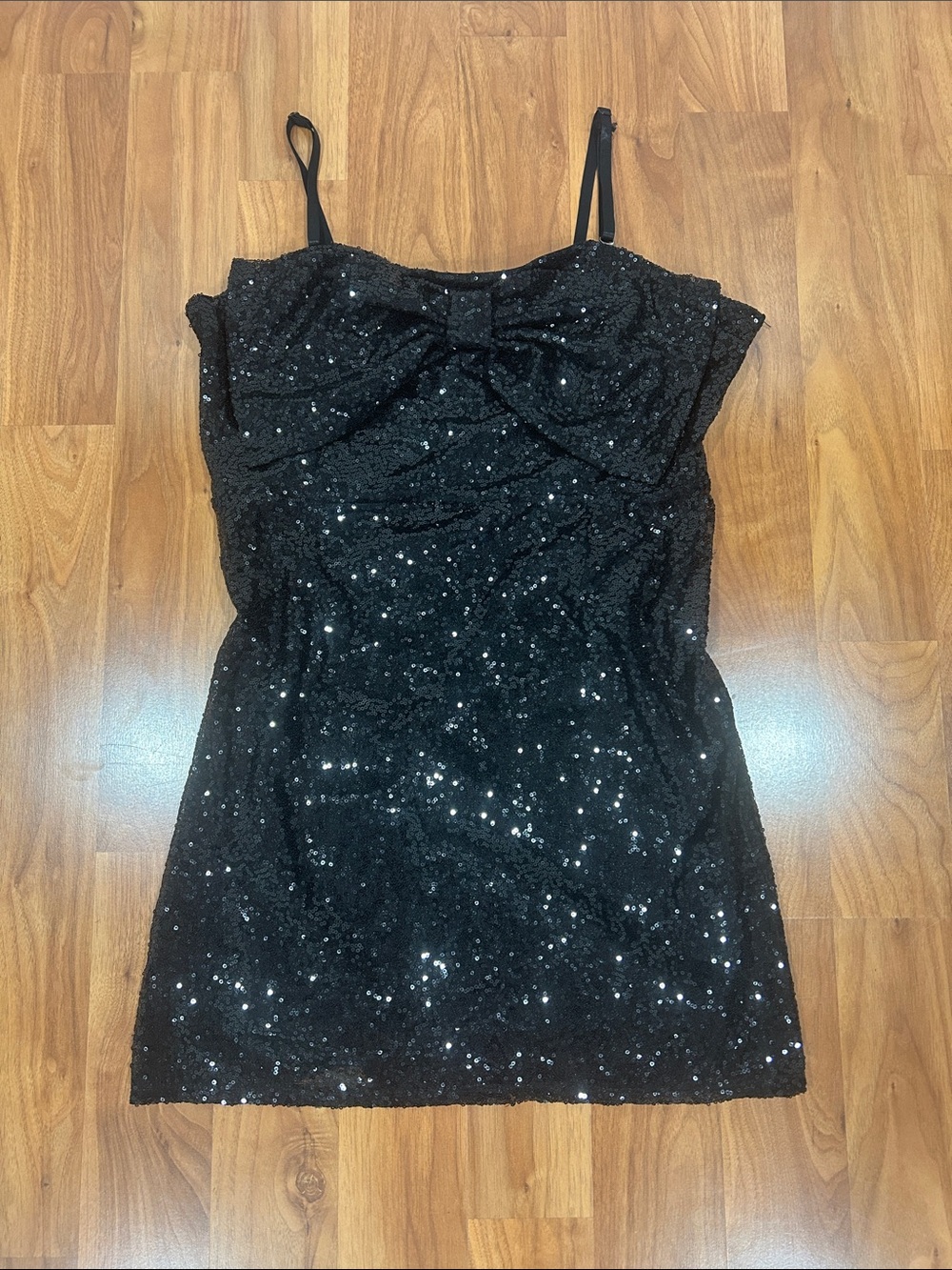 No Boundaries Black Sequin Bow-Front Spaghetti Strap Dress